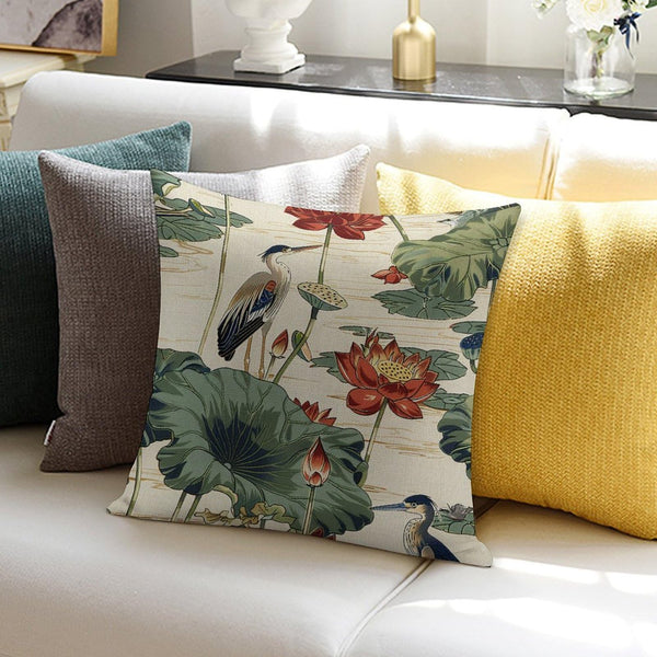 Pillow Cases Square Size 18 x 18 Inch Birds and Lotus Flowers Throw Pillow Case with Hidden Zipper Patio Bedroom Decor Rustic Pillowcase Both-Side
