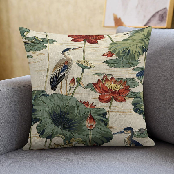 Pillow Cases Square Size 18 x 18 Inch Birds and Lotus Flowers Throw Pillow Case with Hidden Zipper Patio Bedroom Decor Rustic Pillowcase Both-Side