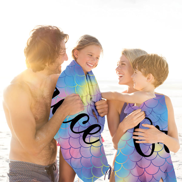 Kidrex Personalized Beach Towel for Kids Girls Boys Adults Quick Dry Custom Towels for Beach Pool Bath with Names Customized Gifts, Mermaid Scales