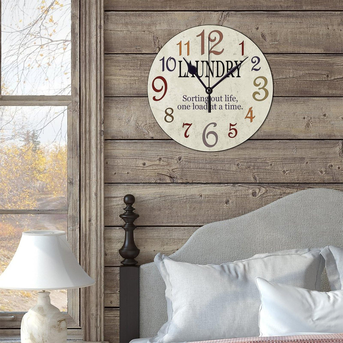 Wooden Clock Silent Non-Ticking, Laundry Clock Rustic Oversized Numbers Modern Style Clocks Round Farmhouse Wall Clocks Decor for House School She Shed Kindergarten, Battery Operated (15 Inch)