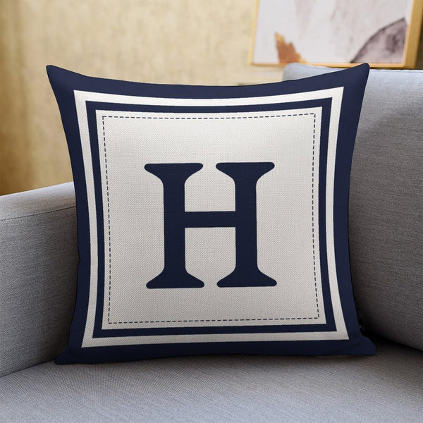 Custom Decorative Throw Pillow Covers - Boho Geometric Striped Initial Navy Blue Throw Pillow Case - Monogram H White Cotton Linen Pillow Cases for Home Bed New Home 20" x 20"