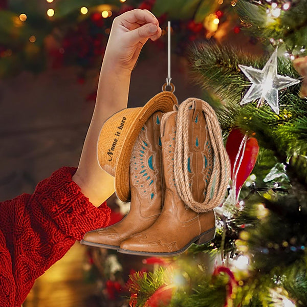 Cowboy Boots and Hat Personalized Ornament for Christmas Tree 2024 Cowboy Cowgirl Hat Boots Men Women Western Horse 2D Flat Acrylic Ornament Xmas Decor for Car Hanging Riding Horse Racing with Name