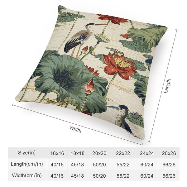 Pillow Cases Square Size 18 x 18 Inch Birds and Lotus Flowers Throw Pillow Case with Hidden Zipper Patio Bedroom Decor Rustic Pillowcase Both-Side